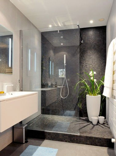 Douche Italienne en carrelage noir dans une salle-de-bain Design